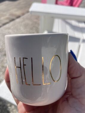 Rae Dunn Cream Ceramic Tumbler with Gold HELLO Lettering